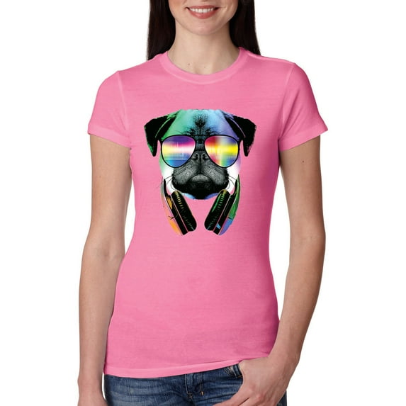 Wild Bobby, Colorful Pug DJ, Pop Culture, Women Slim Fit Junior Tee, Hot Pink, X-Large