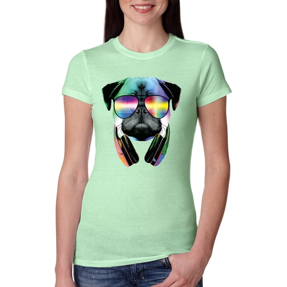Wild Bobby, Colorful Pug DJ, Pop Culture, Women Slim Fit Junior Tee, Mint, Small
