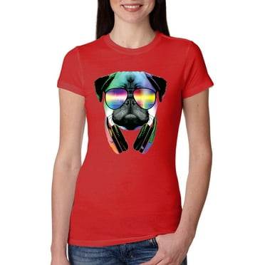 Wild Bobby, Colorful Pug DJ, Pop Culture, Women Slim Fit Junior Tee, Red, Small