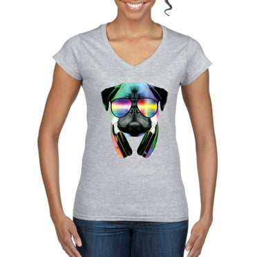 Wild Bobby, Colorful Pug DJ, Pop Culture, Women Standard V-Neck Tee, Heather Grey, Small