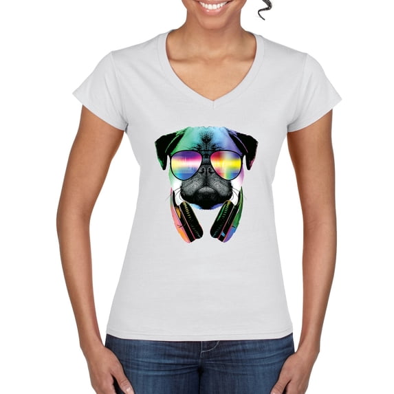 Wild Bobby, Colorful Pug DJ, Pop Culture, Women Standard V-Neck Tee, White, X-Large