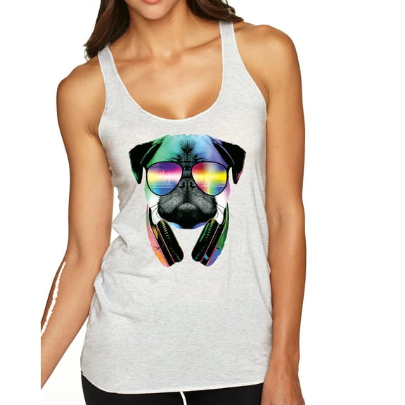 Wild Bobby, Colorful Pug DJ, Pop Culture, Women Tri-Blend Racerback Tank Top, Heather White, Medium