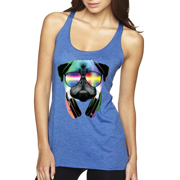 Wild Bobby, Colorful Pug DJ, Pop Culture, Women Tri-Blend Racerback Tank Top, Vintage Royal, Small