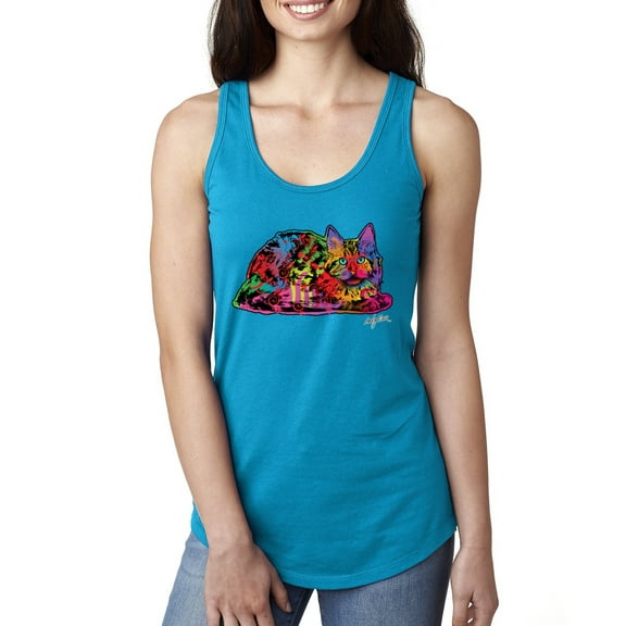 Wild Bobby, Colorful Rainbow Cat Animal Lover Ladies Racerback Tank Top, Turquoise, Medium