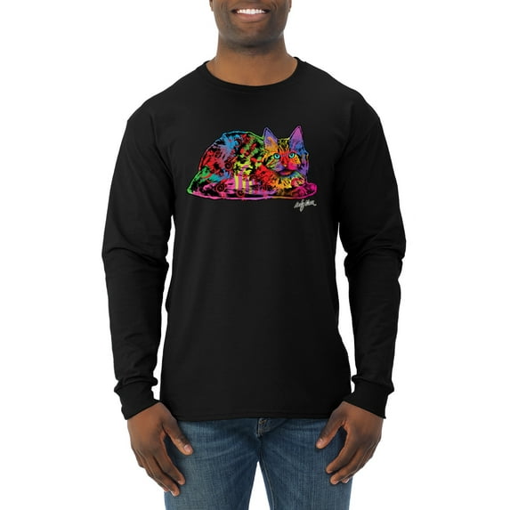 Wild Bobby, Colorful Rainbow Cat Animal Lover Mens Long Sleeve Shirt, Black, Small