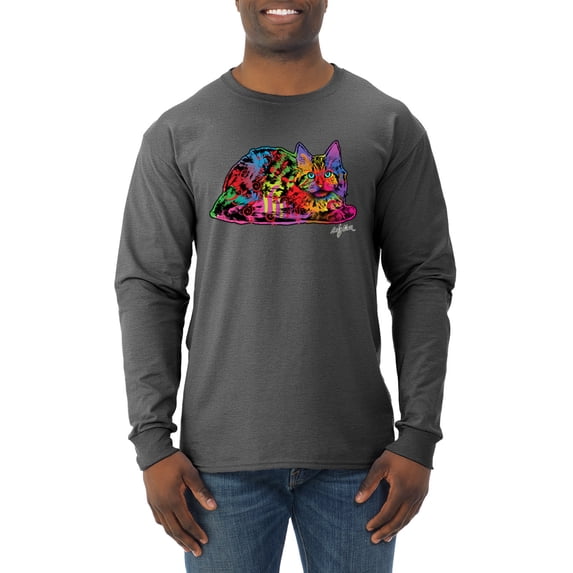 Wild Bobby, Colorful Rainbow Cat Animal Lover Mens Long Sleeve Shirt, Heather Black, Large