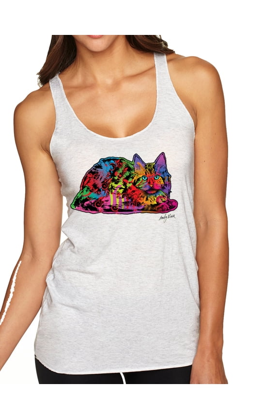 , Colorful Rainbow Cat Animal Lover Tri-Blend Racerback Tank Top, Heather White, Large