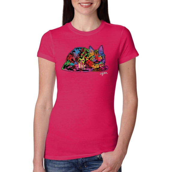 Colorful Rainbow Cat Animal Lover Womens Slim Fit Junior Tee, Raspberry, Small