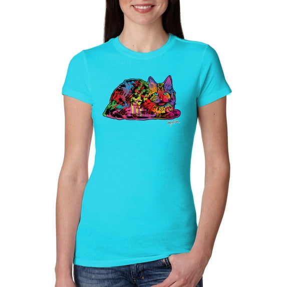 Colorful Rainbow Cat Animal Lover Womens Slim Fit Junior Tee, Tahiti Blue, Small