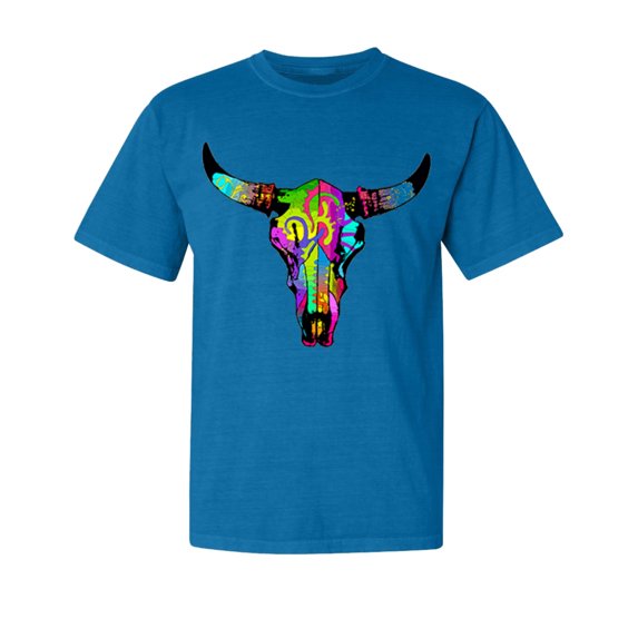 Wild Bobby, Colorful Rainbow Cow Bull Skull, Animal Lover, Garment-Dyed Washed Look Short Sleeve T-Shirt, Cobalt, Small