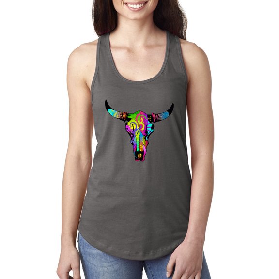 Wild Bobby, Colorful Rainbow Cow Bull Skull Animal Lover Ladies Racerback Tank Top, Dark Grey, Small
