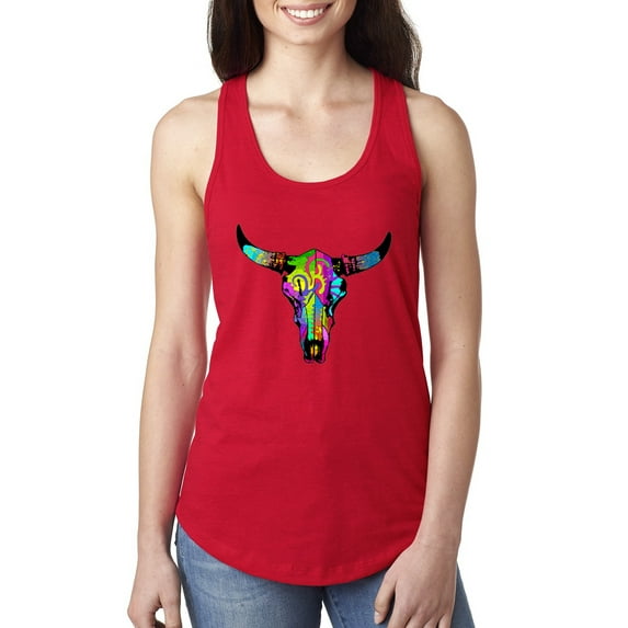 Wild Bobby, Colorful Rainbow Cow Bull Skull Animal Lover Ladies Racerback Tank Top, Red, X-Large