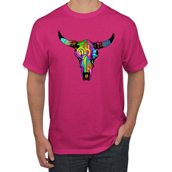 Wild Bobby, Colorful Rainbow Cow Bull Skull Animal Lover Men's Graphic T-Shirt, Fuschia, 2XL