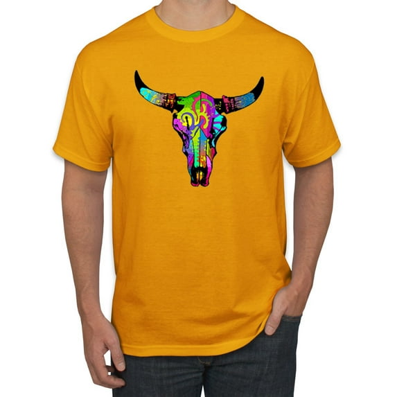 Wild Bobby, Colorful Rainbow Cow Bull Skull Animal Lover Men's Graphic T-Shirt, Gold, 4XL