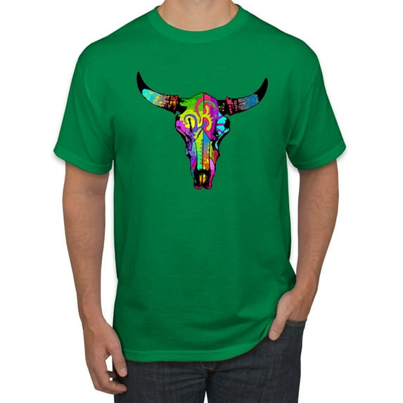 Wild Bobby, Colorful Rainbow Cow Bull Skull Animal Lover Men's Graphic T-Shirt, Kelly, Large