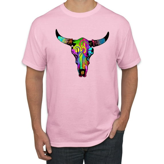 Wild Bobby, Colorful Rainbow Cow Bull Skull Animal Lover Men's Graphic T-Shirt, Light Pink, 3XL
