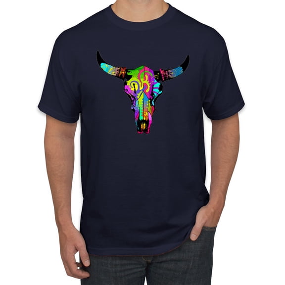 Wild Bobby, Colorful Rainbow Cow Bull Skull Animal Lover Men's Graphic T-Shirt, Navy, 5XL