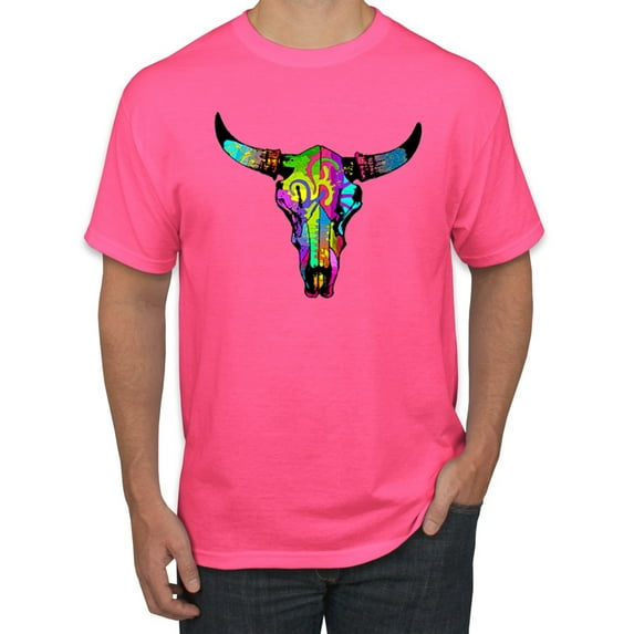 Wild Bobby, Colorful Rainbow Cow Bull Skull Animal Lover Men's Graphic T-Shirt, Neon Pink, Large