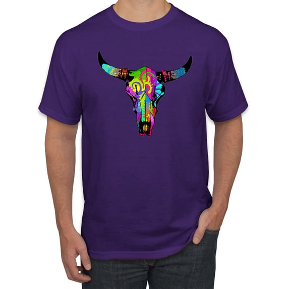 Wild Bobby, Colorful Rainbow Cow Bull Skull Animal Lover Men's Graphic T-Shirt, Purple, Medium