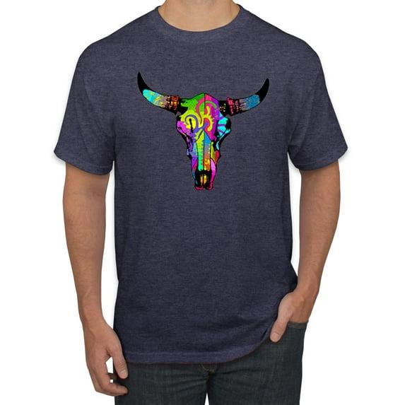 Wild Bobby, Colorful Rainbow Cow Bull Skull Animal Lover Men's Graphic T-Shirt, Vintage Heather Navy, 2XL