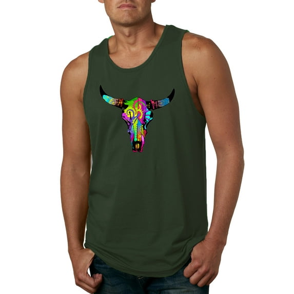 Wild Bobby, Colorful Rainbow Cow Bull Skull Animal Lover Mens Graphic Tank Top, Forest Green, Large
