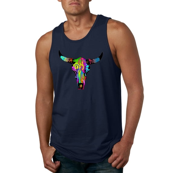 Wild Bobby, Colorful Rainbow Cow Bull Skull Animal Lover Mens Graphic Tank Top, Navy, 3XL