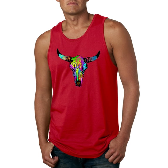 Wild Bobby, Colorful Rainbow Cow Bull Skull Animal Lover Mens Graphic Tank Top, Red, 2XL