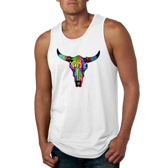 Wild Bobby, Colorful Rainbow Cow Bull Skull Animal Lover Mens Graphic Tank Top, White, 3XL