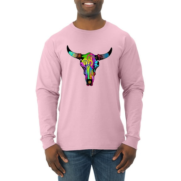 Wild Bobby, Colorful Rainbow Cow Bull Skull Animal Lover Mens Long Sleeve Shirt, Light Pink, 2XL
