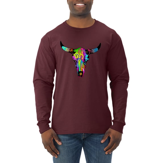 Wild Bobby, Colorful Rainbow Cow Bull Skull Animal Lover Mens Long Sleeve Shirt, Maroon, X-Large