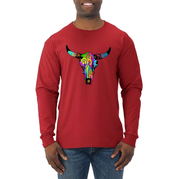 Wild Bobby, Colorful Rainbow Cow Bull Skull Animal Lover Mens Long Sleeve Shirt, Red, Large
