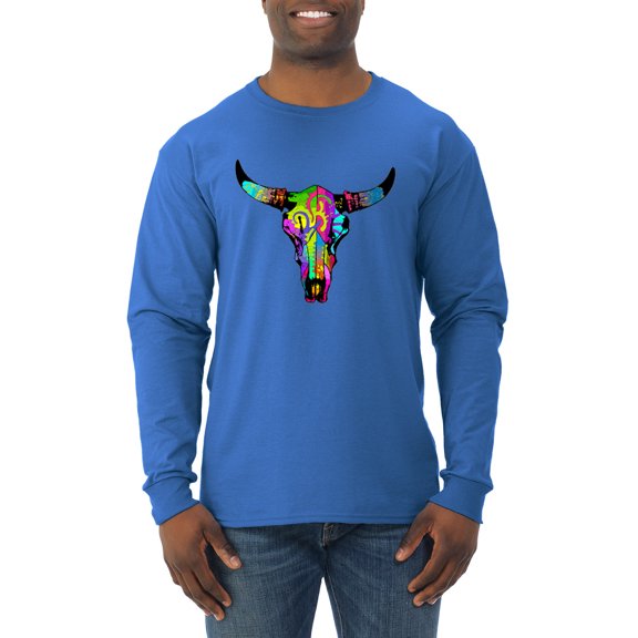 Wild Bobby, Colorful Rainbow Cow Bull Skull Animal Lover Mens Long Sleeve Shirt, Royal, Small