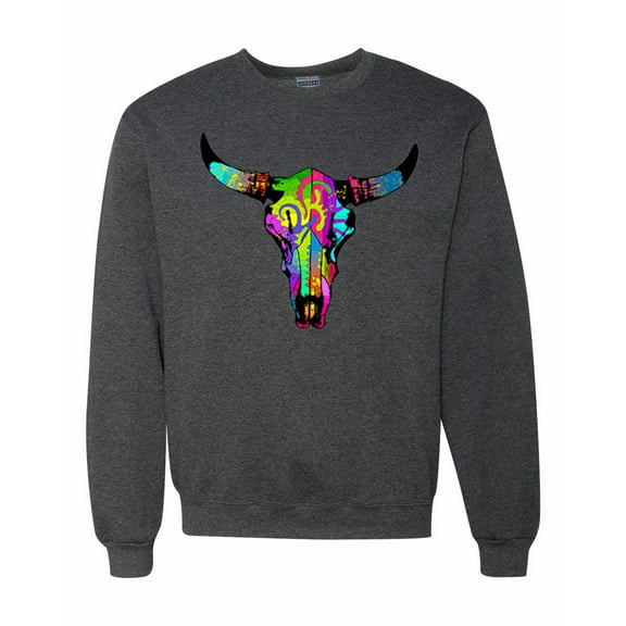 Wild Bobby, Colorful Rainbow Cow Bull Skull Animal Lover Unisex Crewneck Graphic Sweatshirt, Heather Black, Medium