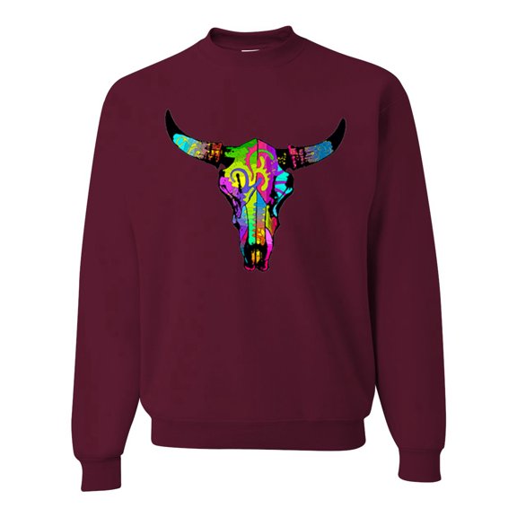 Wild Bobby, Colorful Rainbow Cow Bull Skull Animal Lover Unisex Crewneck Graphic Sweatshirt, Maroon, 3XL