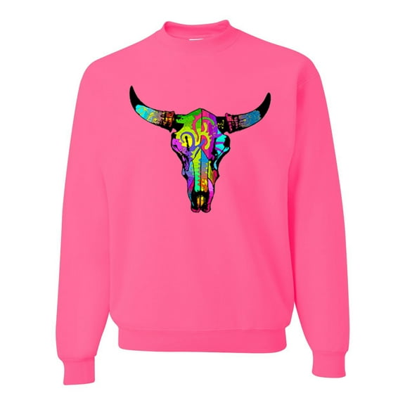 Wild Bobby, Colorful Rainbow Cow Bull Skull Animal Lover Unisex Crewneck Graphic Sweatshirt, Neon Pink, X-Large