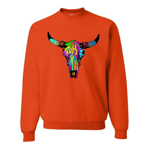 Wild Bobby, Colorful Rainbow Cow Bull Skull Animal Lover Unisex Crewneck Graphic Sweatshirt, Orange, 2XL