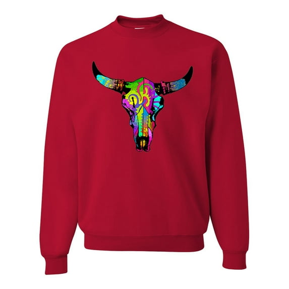 Wild Bobby, Colorful Rainbow Cow Bull Skull Animal Lover Unisex Crewneck Graphic Sweatshirt, Red, 4XL