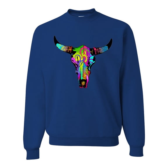 Wild Bobby, Colorful Rainbow Cow Bull Skull Animal Lover Unisex Crewneck Graphic Sweatshirt, Royal, 3XL