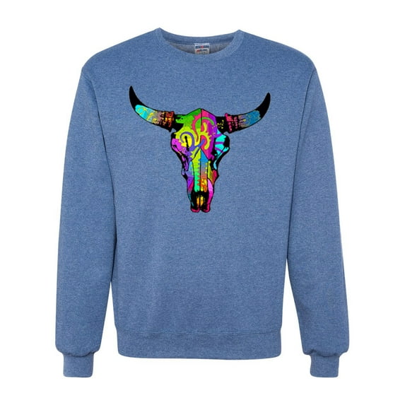 Wild Bobby, Colorful Rainbow Cow Bull Skull Animal Lover Unisex Crewneck Graphic Sweatshirt, Vintage Heather Blue, X-Large