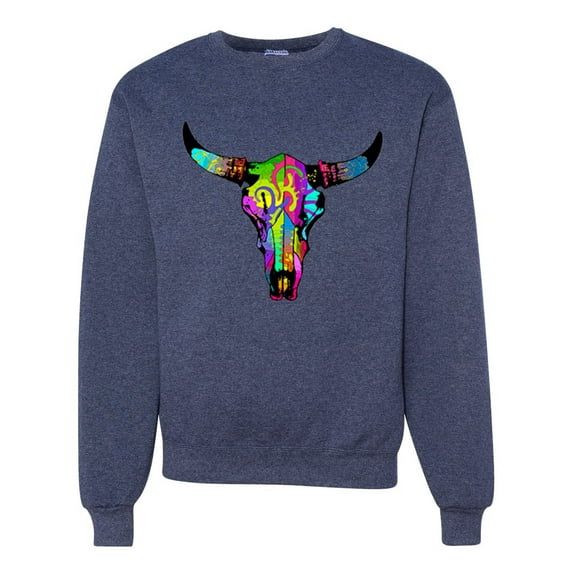 Wild Bobby, Colorful Rainbow Cow Bull Skull Animal Lover Unisex Crewneck Graphic Sweatshirt, Vintage Heather Navy, Medium