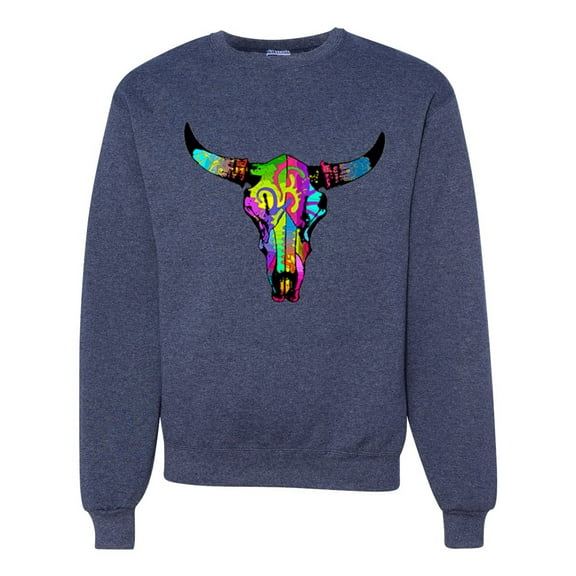 Wild Bobby, Colorful Rainbow Cow Bull Skull Animal Lover Unisex Crewneck Graphic Sweatshirt, Vintage Heather Navy, Small