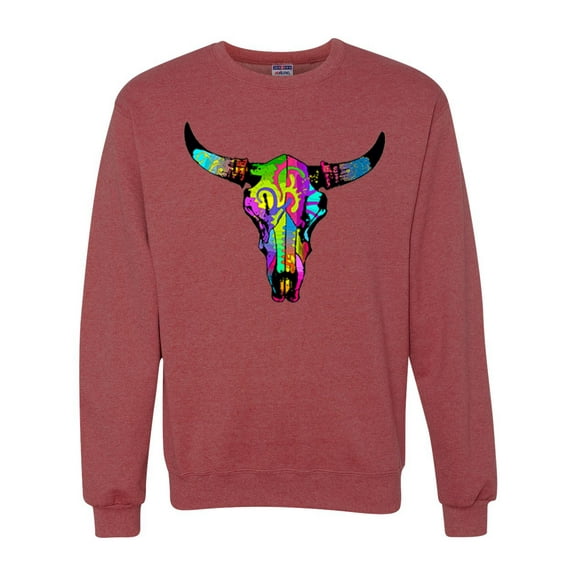 Wild Bobby, Colorful Rainbow Cow Bull Skull Animal Lover Unisex Crewneck Graphic Sweatshirt, Vintage Heather Red, 3XL