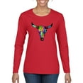 thumbnail image 1 of Wild Bobby, Colorful Rainbow Cow Bull Skull Animal Lover Womens Graphic Long Sleeve T-Shirt, Red, Large, 1 of 3