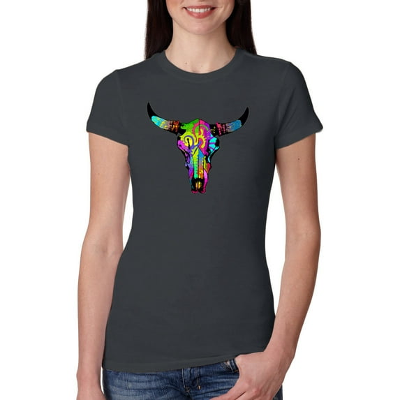 Wild Bobby, Colorful Rainbow Cow Bull Skull Animal Lover Womens Slim Fit Junior Tee, Dark Grey, Small