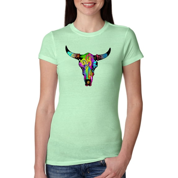 Wild Bobby, Colorful Rainbow Cow Bull Skull Animal Lover Womens Slim Fit Junior Tee, Mint, Large