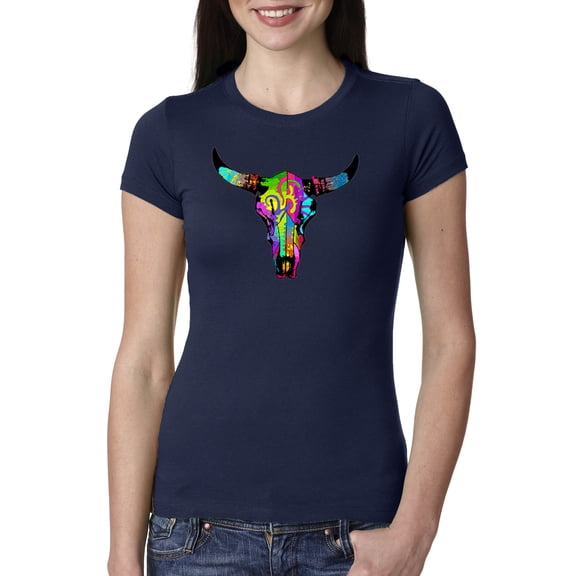 Wild Bobby, Colorful Rainbow Cow Bull Skull Animal Lover Womens Slim Fit Junior Tee, Navy, 2XL