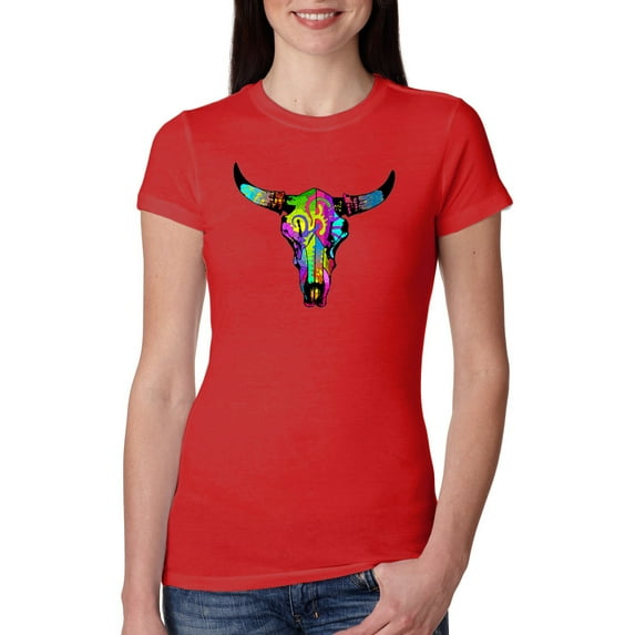 Wild Bobby, Colorful Rainbow Cow Bull Skull Animal Lover Womens Slim Fit Junior Tee, Red, Large