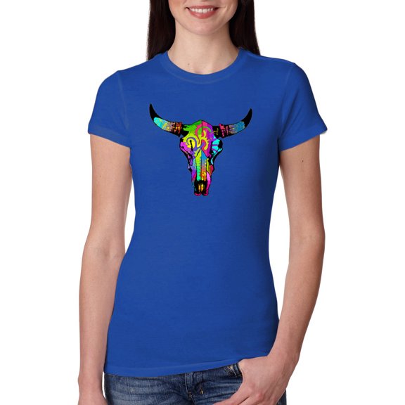 Wild Bobby, Colorful Rainbow Cow Bull Skull Animal Lover Womens Slim Fit Junior Tee, Royal, Medium