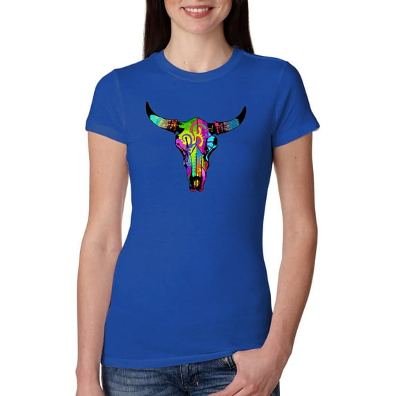 Wild Bobby, Colorful Rainbow Cow Bull Skull Animal Lover Womens Slim Fit Junior Tee, Royal, Small