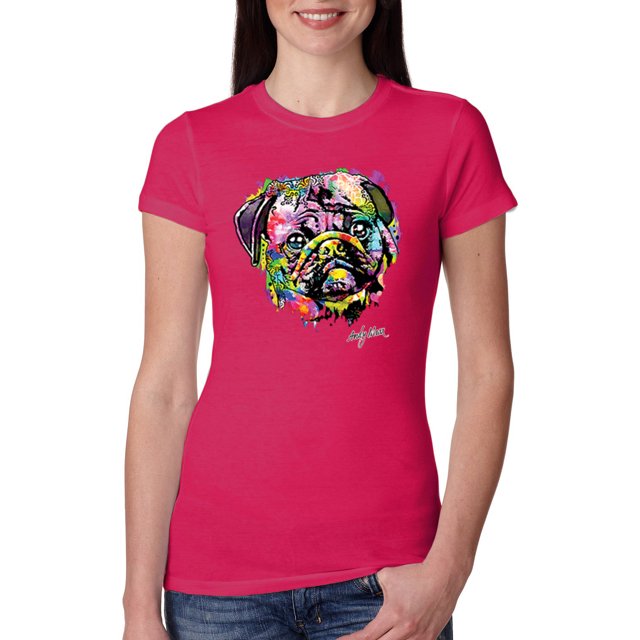 Wild Bobby, Colorful Rainbow Cute Pug Animal Lover Womens Slim Fit Junior Tee, Raspberry, X-Large